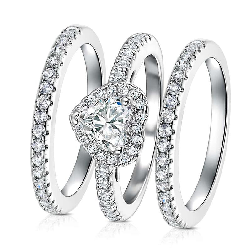 Vintage 1Ct Heart Cut Gems Three-In-One 3 Pieces Set Halo Wedding Engagement Promise Eternity Ring Set for Women Accessories