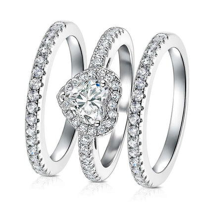 Vintage 1Ct Heart Cut Gems Three-In-One 3 Pieces Set Halo Wedding Engagement Promise Eternity Ring Set for Women Accessories