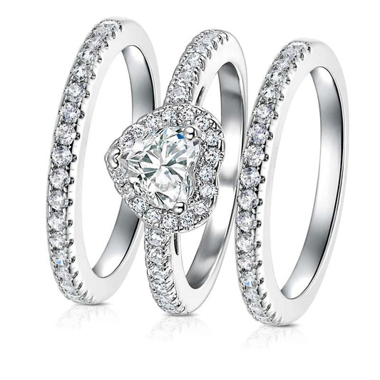 Vintage 1Ct Heart Cut Gems Three-In-One 3 Pieces Set Halo Wedding Engagement Promise Eternity Ring Set for Women Accessories